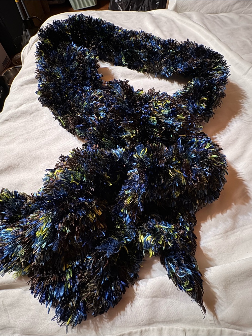 Fuzzy Multicolor Pom Scarf - Blue, Black & Yellow Accents